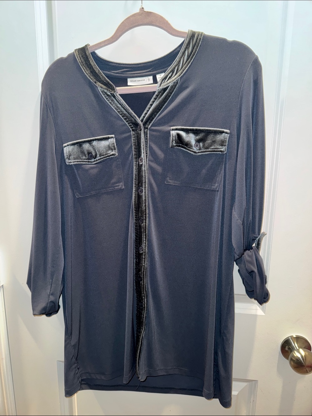 Susan Graver Velvet-Trim Blouse in Charcoal Gray Sz M in EUC Tunic Length
